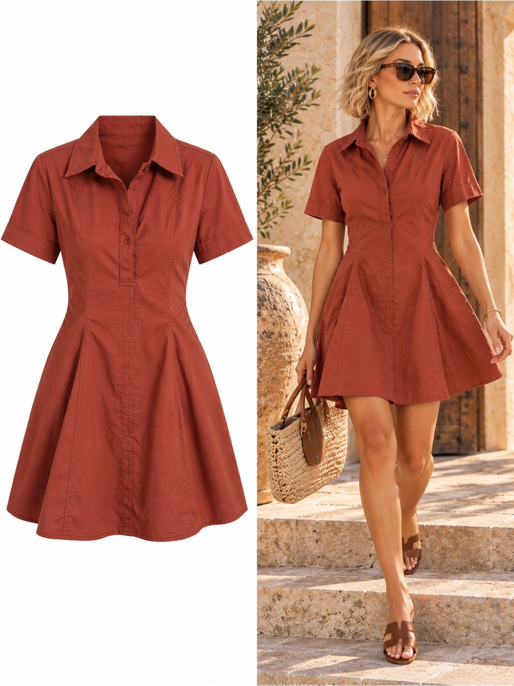 Caroline Constas Rust Cotton Poplin Fit Flare Mini Shirt Dress Size Small